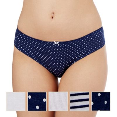 The Collection Pack of five navy and white plain, striped and spotted print bikini briefs